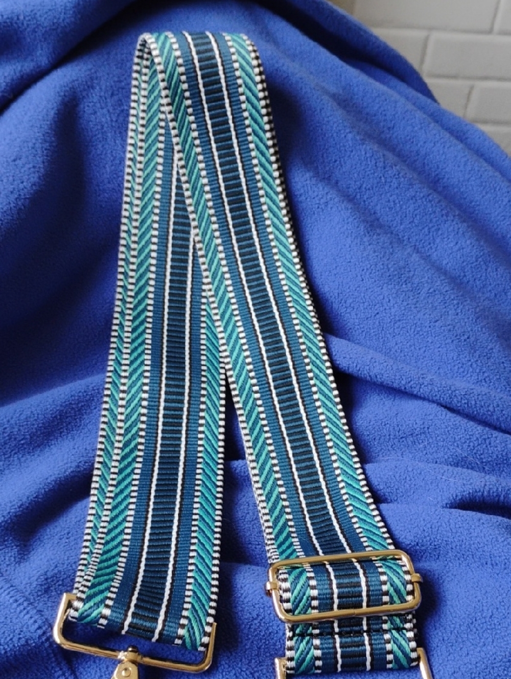 Adjustable Teal and Navy Striped Crossbody Strap with Gold Hardware